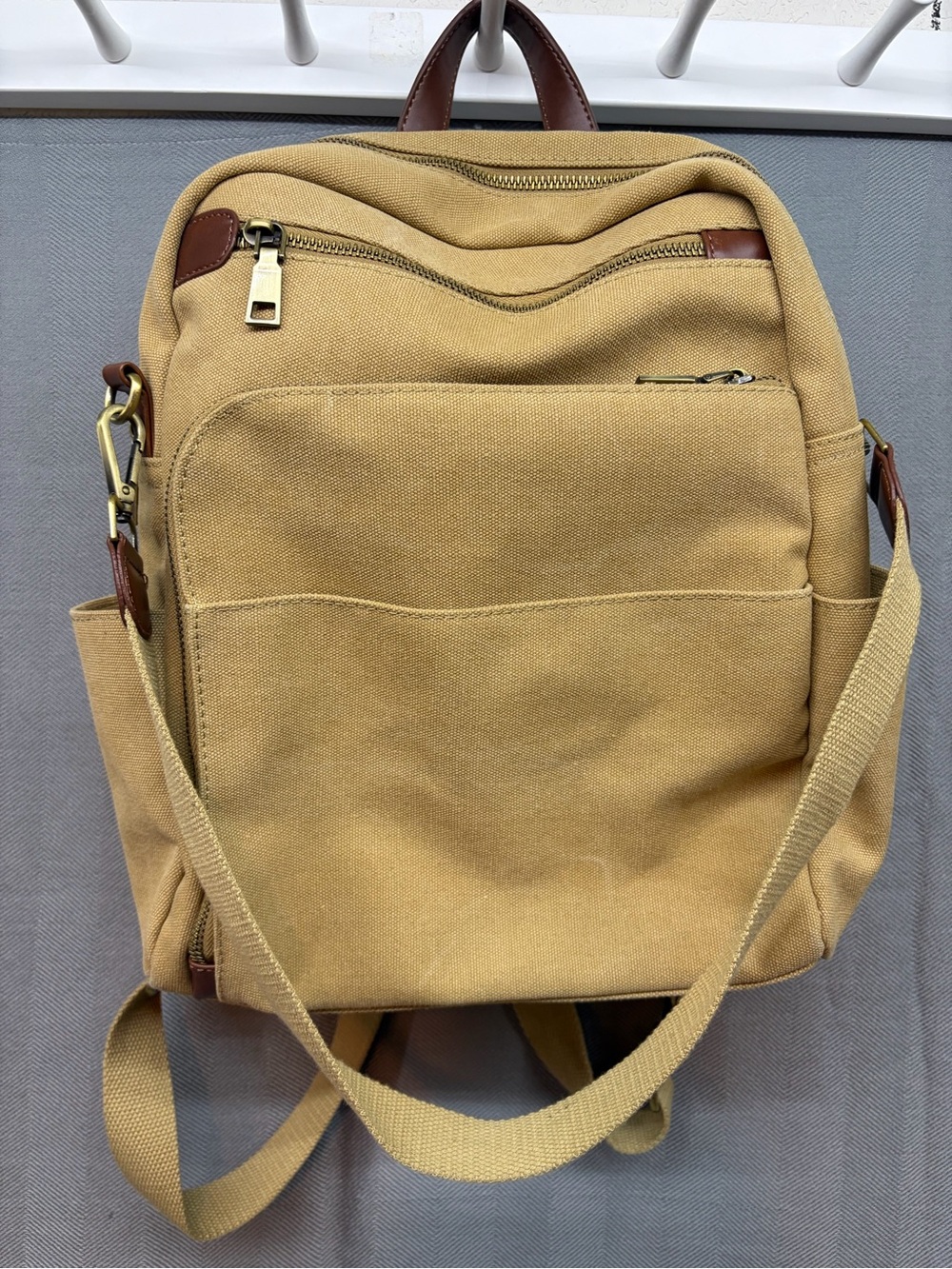 Antik Kraft Willa Canvas backpack/shoulder bag in beige w/ brown vegan leather
